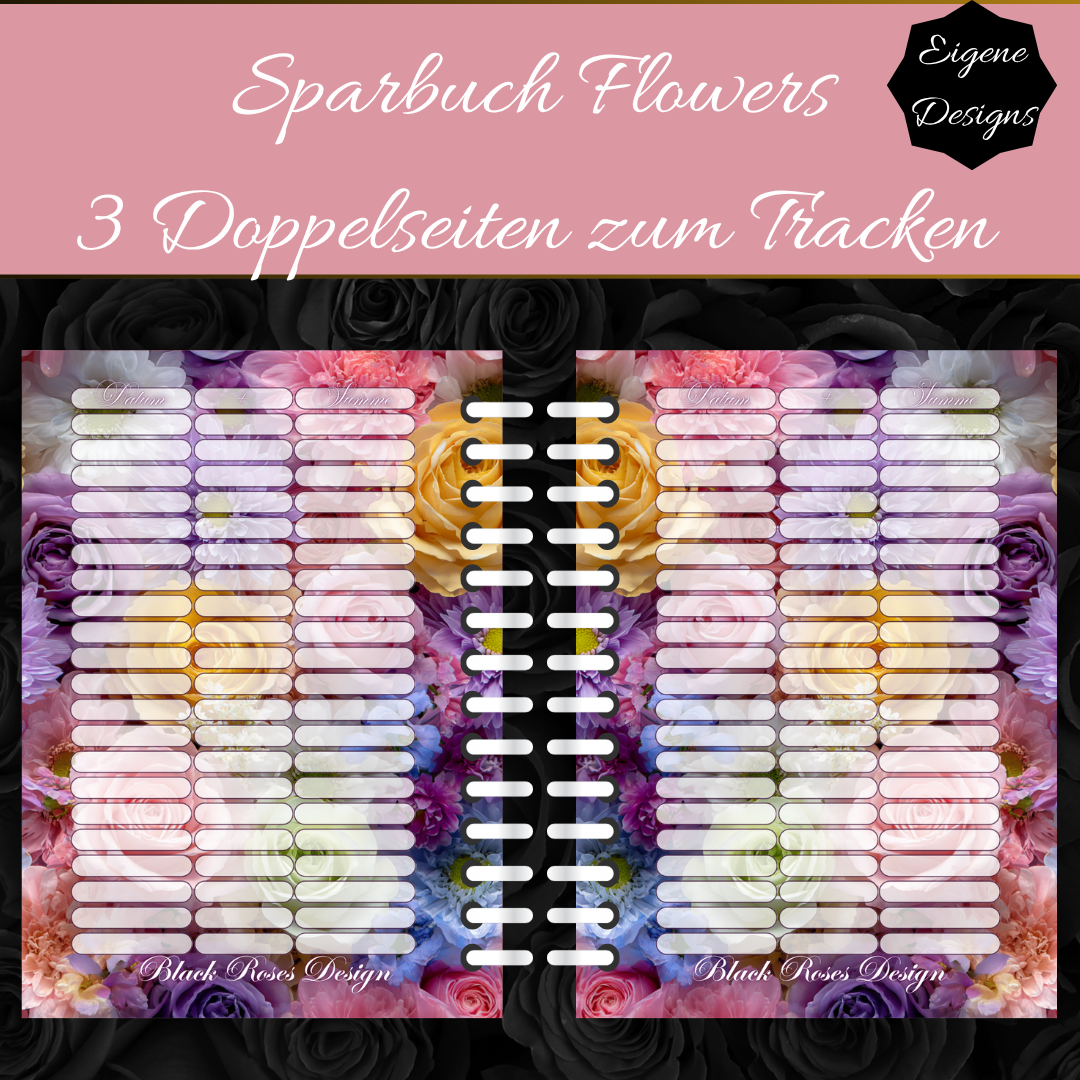 Sparbuch Flowers – Spiralbroschüre DIN A6 | 28‑seitiges Spar‑Challenge‑Heft mit Zubehör
