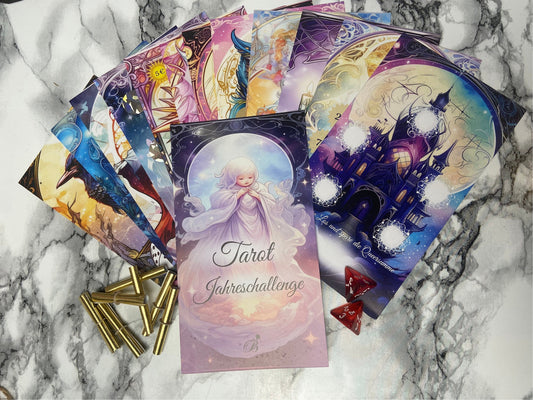 Jahreschallenge Tarot mit Zubehör / Tracker auf der Rückseite und Jahresübersicht