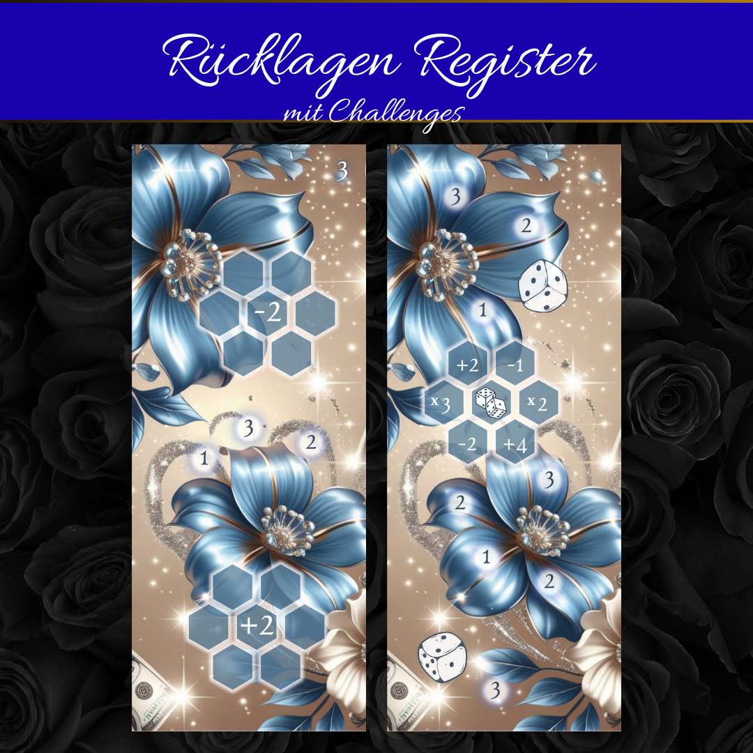 Rücklagen Register – Matt foliert & mit Challenges | Elegantes Budgeting-Set in Blau & Beige