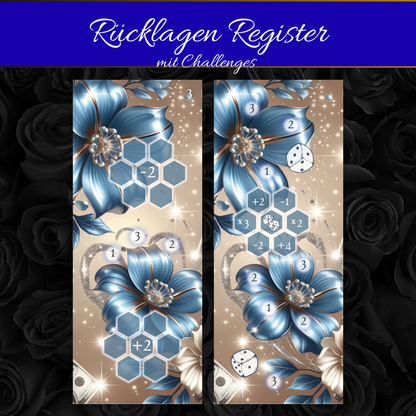 Rücklagen Register – Matt foliert & mit Challenges | Elegantes Budgeting-Set in Blau & Beige