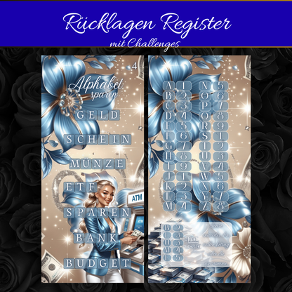 Rücklagen Register – Matt foliert & mit Challenges | Elegantes Budgeting-Set in Blau & Beige