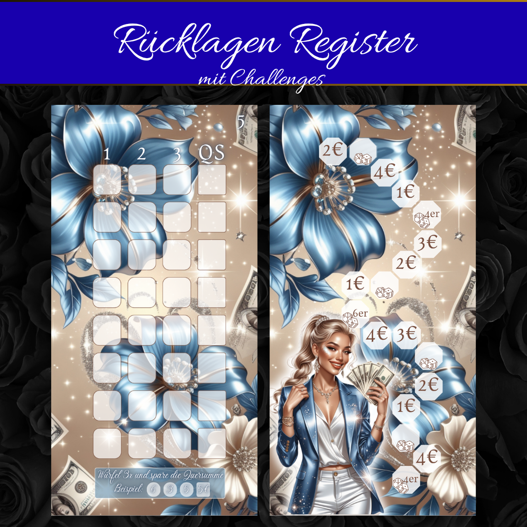 Rücklagen Register – Matt foliert & mit Challenges | Elegantes Budgeting-Set in Blau & Beige