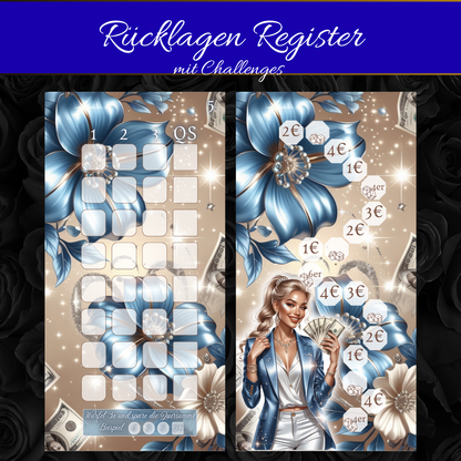 Rücklagen Register – Matt foliert & mit Challenges | Elegantes Budgeting-Set in Blau & Beige