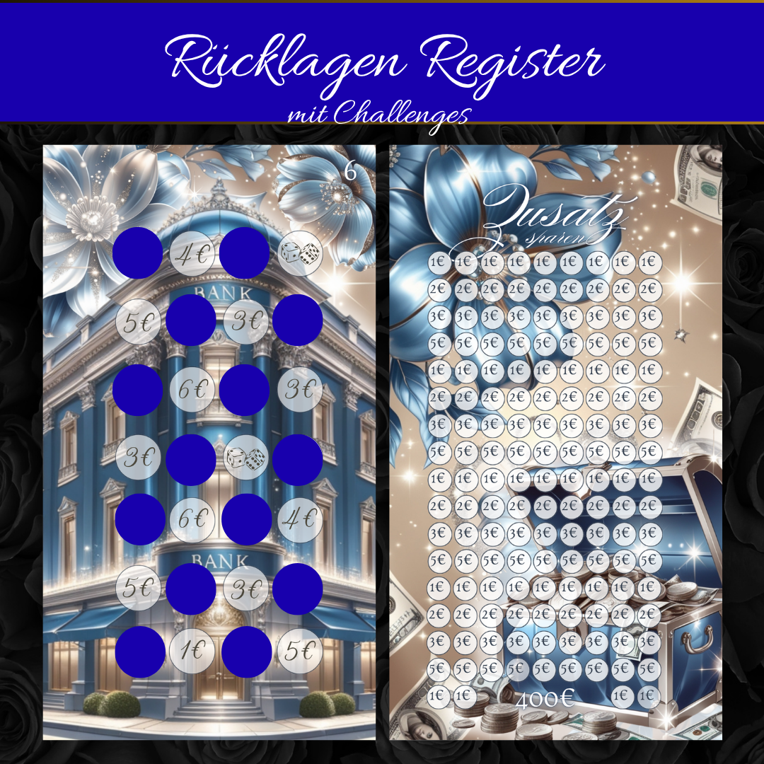 Rücklagen Register – Matt foliert & mit Challenges | Elegantes Budgeting-Set in Blau & Beige