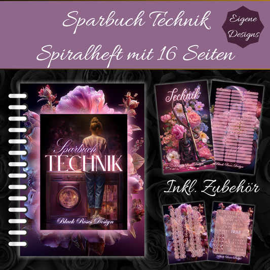 Sparbuch Technik – Spiralbroschüre DIN A6 | 16‑seitiges Spar‑Challenge‑Heft mit Zubehör