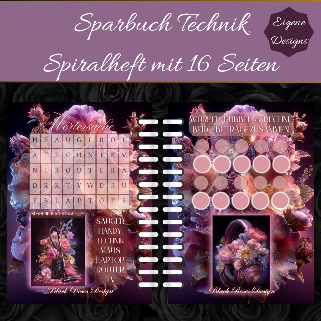 Sparbuch Technik – Spiralbroschüre DIN A6 | 16‑seitiges Spar‑Challenge‑Heft mit Zubehör