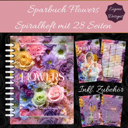 Sparbuch Flowers – Spiralbroschüre DIN A6 | 28‑seitiges Spar‑Challenge‑Heft mit Zubehör