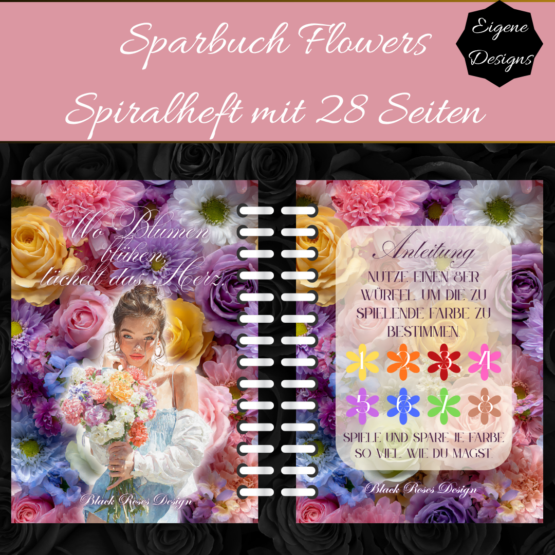 Sparbuch Flowers – Spiralbroschüre DIN A6 | 28‑seitiges Spar‑Challenge‑Heft mit Zubehör