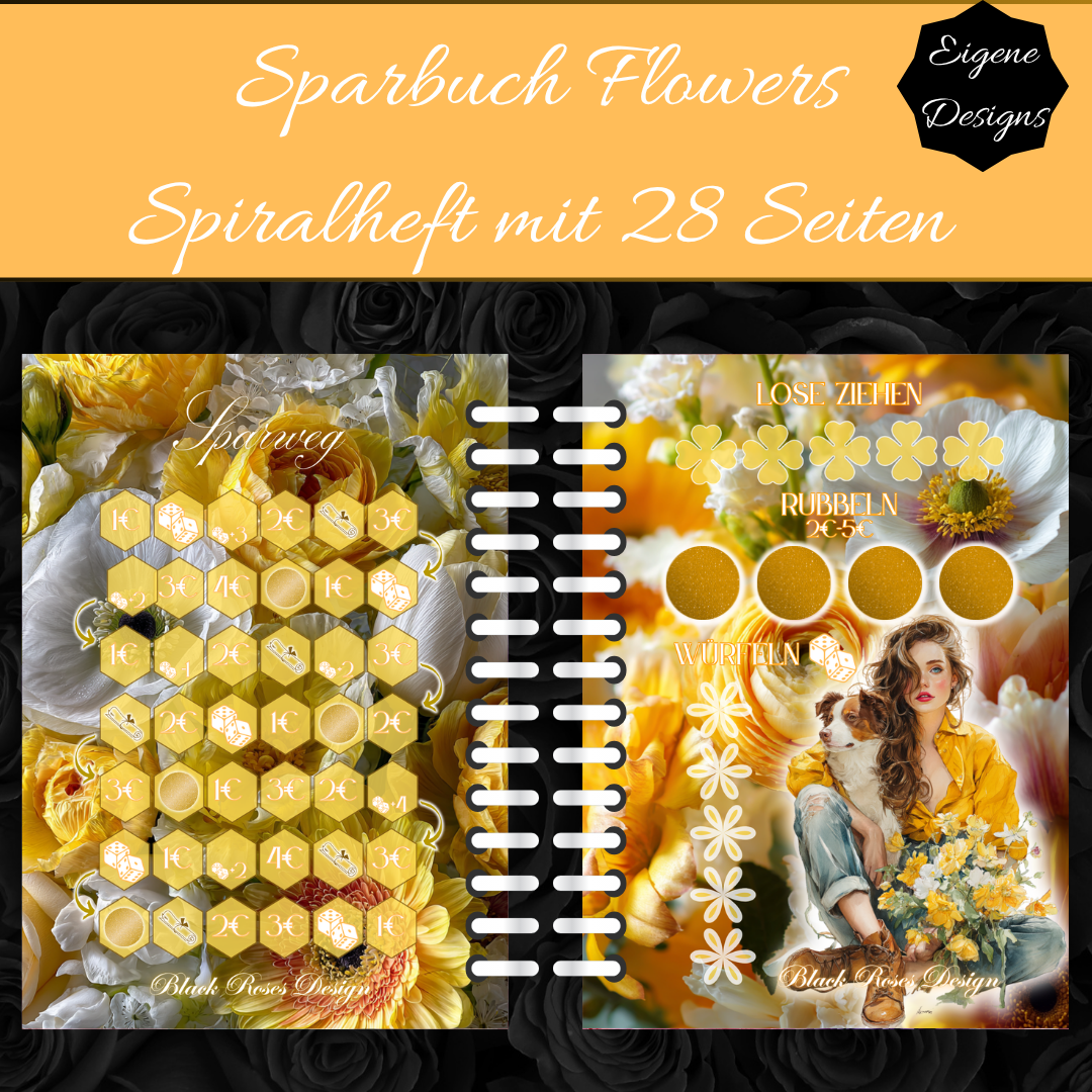 Sparbuch Flowers – Spiralbroschüre DIN A6 | 28‑seitiges Spar‑Challenge‑Heft mit Zubehör