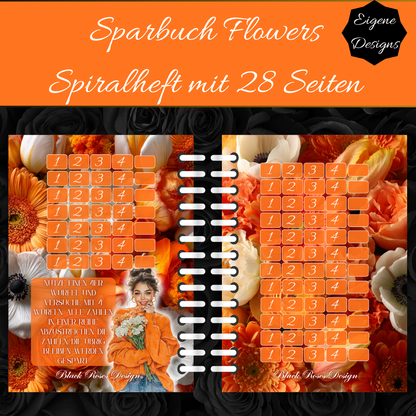 Sparbuch Flowers – Spiralbroschüre DIN A6 | 28‑seitiges Spar‑Challenge‑Heft mit Zubehör