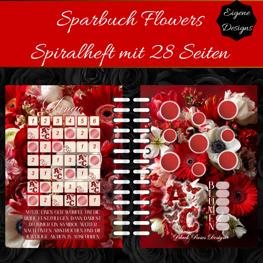 Sparbuch Flowers – Spiralbroschüre DIN A6 | 28‑seitiges Spar‑Challenge‑Heft mit Zubehör