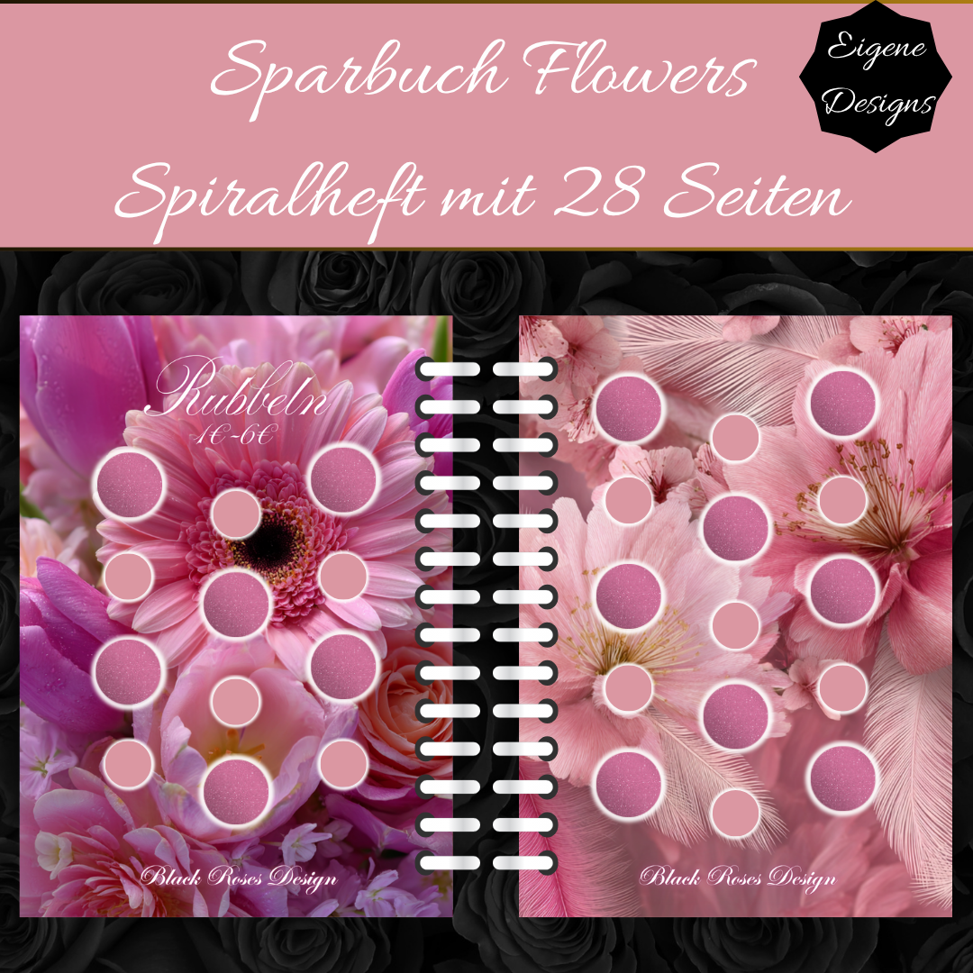 Sparbuch Flowers – Spiralbroschüre DIN A6 | 28‑seitiges Spar‑Challenge‑Heft mit Zubehör