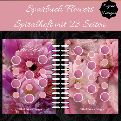 Sparbuch Flowers – Spiralbroschüre DIN A6 | 28‑seitiges Spar‑Challenge‑Heft mit Zubehör