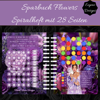 Sparbuch Flowers – Spiralbroschüre DIN A6 | 28‑seitiges Spar‑Challenge‑Heft mit Zubehör