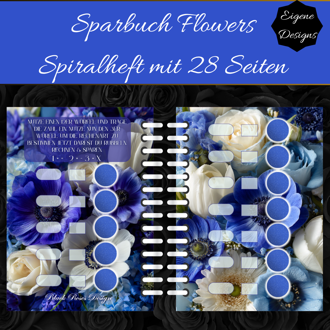 Sparbuch Flowers – Spiralbroschüre DIN A6 | 28‑seitiges Spar‑Challenge‑Heft mit Zubehör