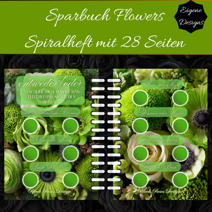 Sparbuch Flowers – Spiralbroschüre DIN A6 | 28‑seitiges Spar‑Challenge‑Heft mit Zubehör
