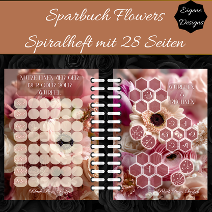 Sparbuch Flowers – Spiralbroschüre DIN A6 | 28‑seitiges Spar‑Challenge‑Heft mit Zubehör