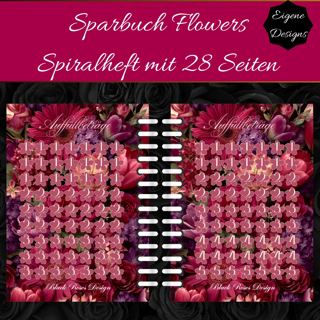 Sparbuch Flowers – Spiralbroschüre DIN A6 | 28‑seitiges Spar‑Challenge‑Heft mit Zubehör