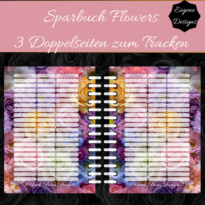 Sparbuch Flowers – Spiralbroschüre DIN A6 | 28‑seitiges Spar‑Challenge‑Heft mit Zubehör